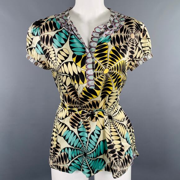 CUSTO BARCELONA Size 4 Yellow Multi Color Silk Abstract Floral Casual Top - Picture 1 of 8
